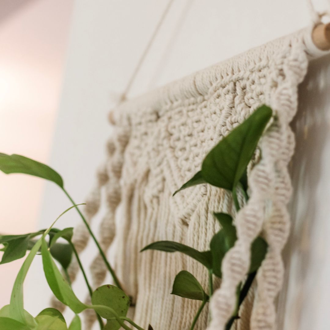 A close up of the macrame propagation station. In frame you can see the wooden dowel, and the side cord that is knotted in a twisted square knot. A few pieces of green leaves are coming up from the bottom of the frame.