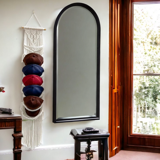 macrame cap hangers in beautiful room with a mirror and plants