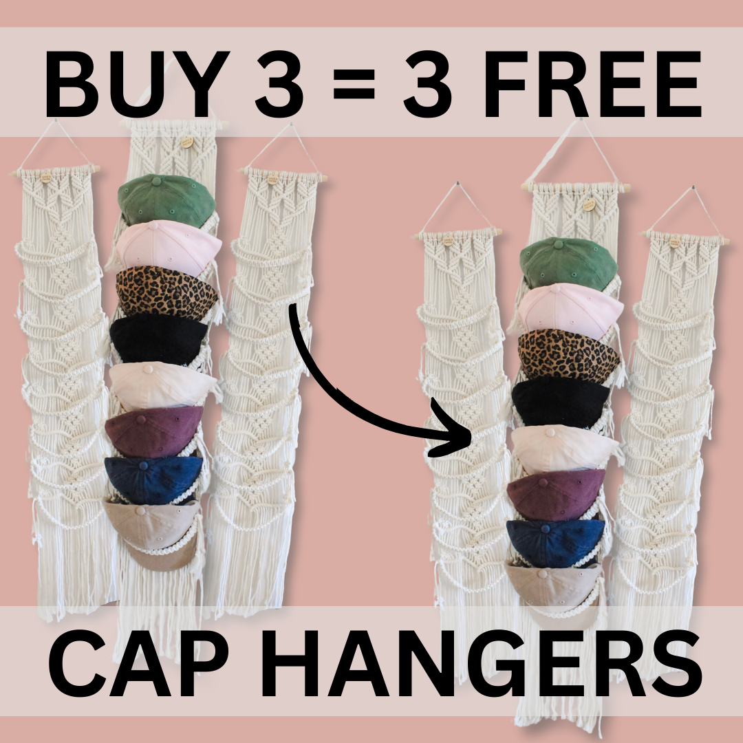 Macrame cap hangers, buy 3 get 3 free offer. six macrame cap hangers pictured on a pink background