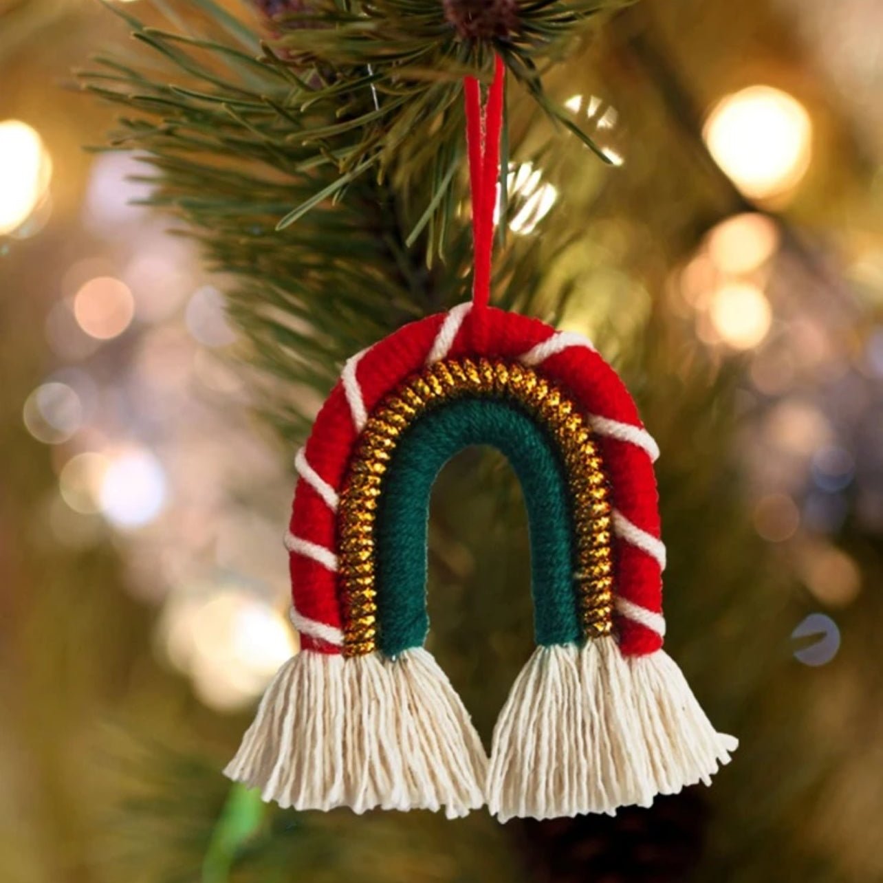 Macrame Christmas Tree Ornaments. Snowflake, macrame arch green and gold, macrame candy cane, for Christmas tree Decorations