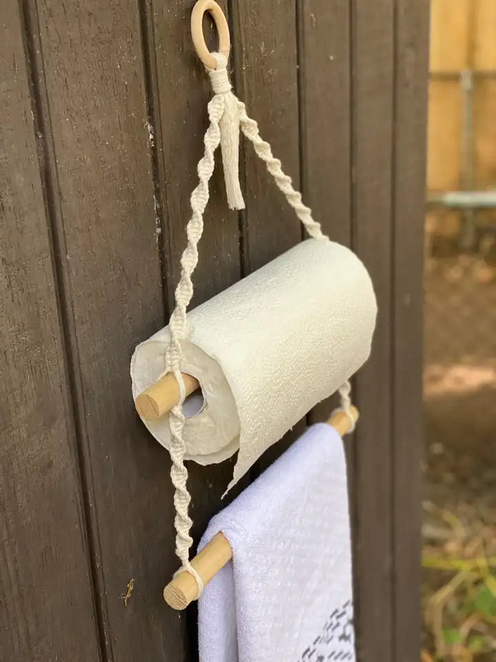 Paper Roll Holder Macrame Smooth Stick Multipurpose Outdoor Hanging Paper Towel Holder for Home Camping