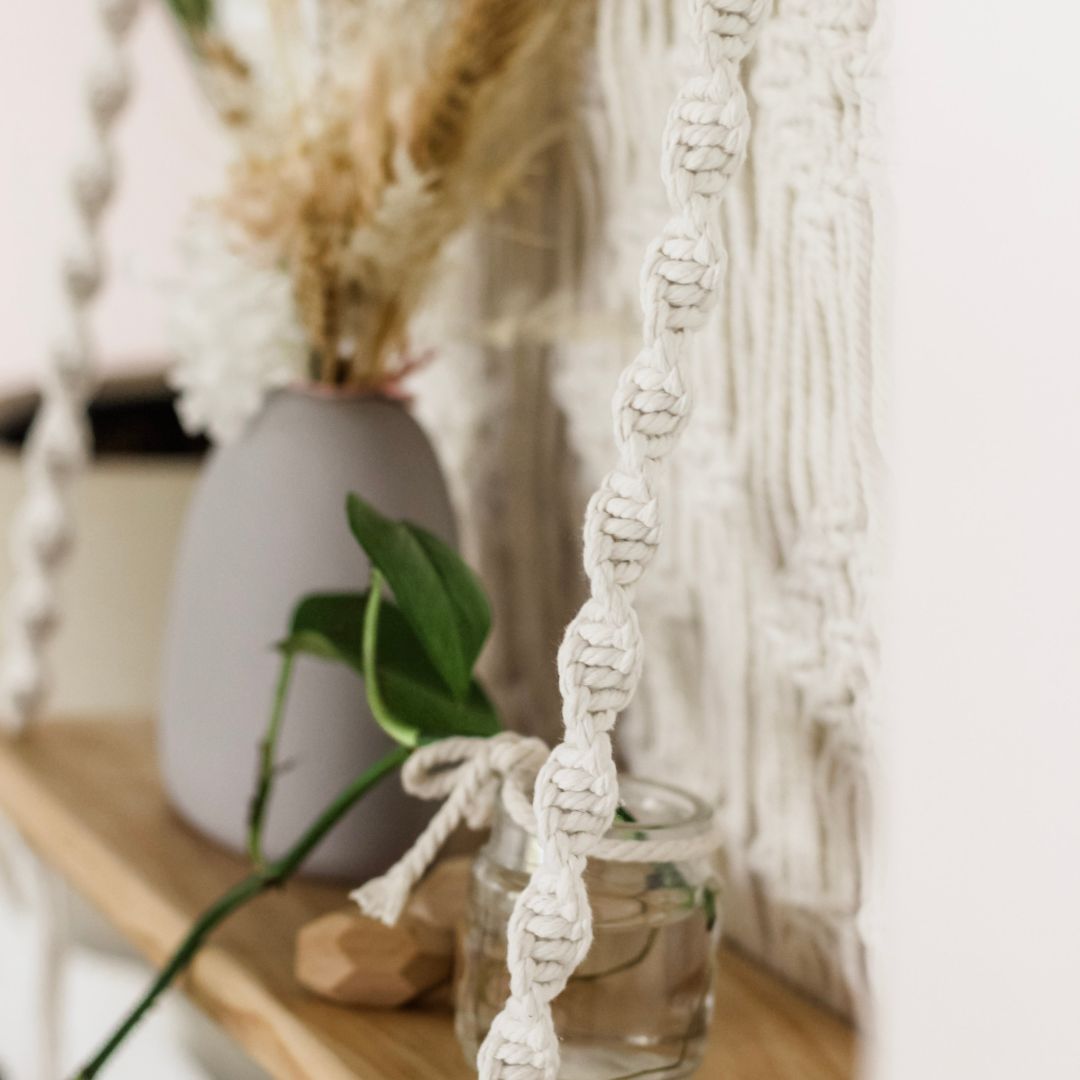 right hand side close up of the Macrame shelf Sage and Twine Co.